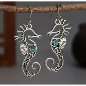 Silver Wire SEAHORSE Earrings Blue stone Hallow 2"